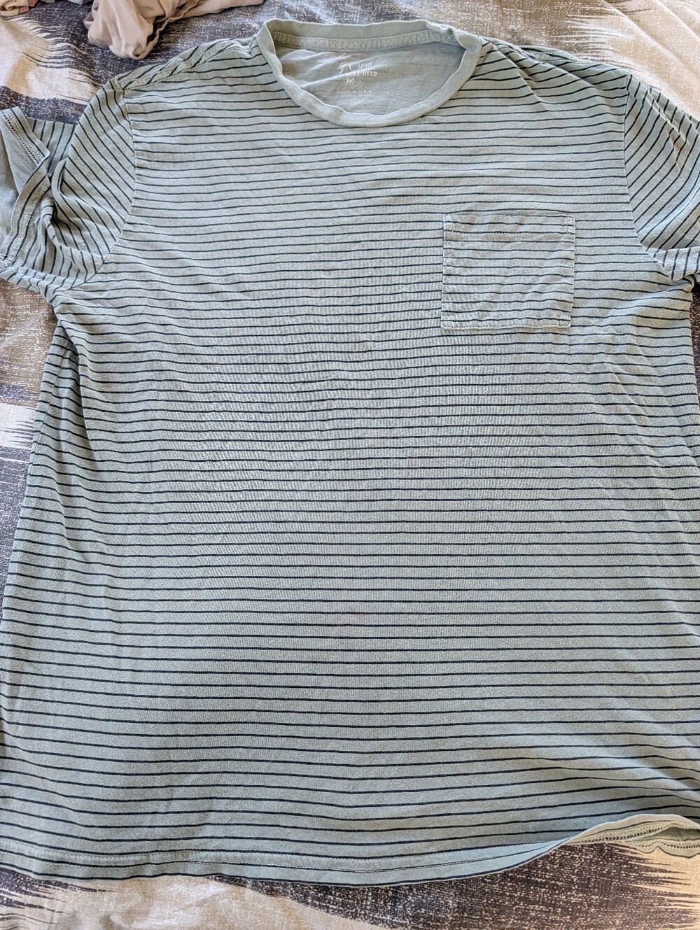 J. Crew Men's Light Sage and Navy Striped Pocket Tee